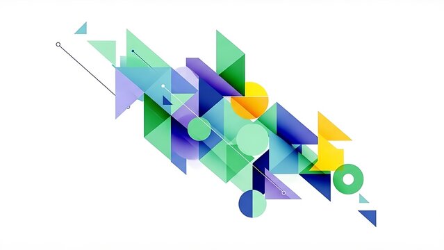 A dynamic abstract composition of colorful geometric shapes arranged diagonally on white background. - Powered by Adobe