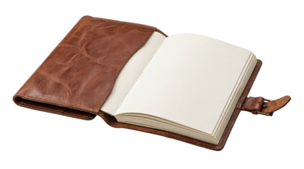 Brown leather-bound journal with blank pages on transparent background