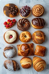Variety of freshly baked pastries displayed on a textured surface for bakery promotion and inspiration