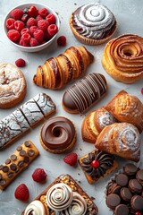 Bakery display with various pastries and fresh raspberries available for sale in a modern setting