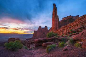 beautiful sunset at fisher towers in utah, usa