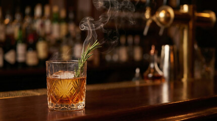 Smoked rosemary whiskey cocktail on dark wooden bar counter