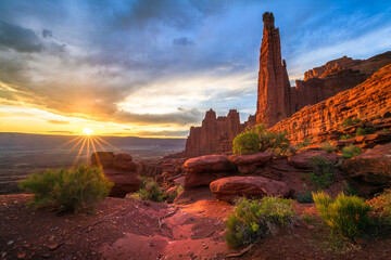 beautiful sunset at fisher towers in utah, usa
