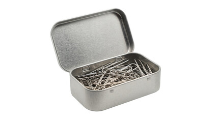 Metal tin box filled with paper clips on transparent background