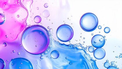 Macro shot of water droplets against pink and blue flowing liquids, creating fluid art