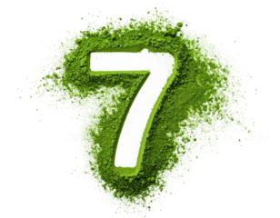 Number 7, green powder outline, against black backdrop