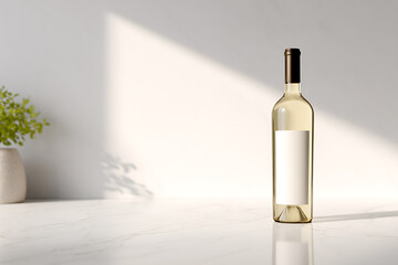Naklejka premium non-alcoholic beverage, non-alcoholic wine bottle on contemporary kitchen counter with subtle shadows in a lifelike setting, providing room for text