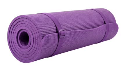Rolled purple yoga mat on transparent background