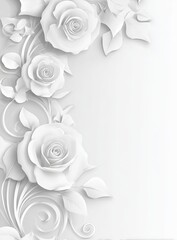 Elegant white paper-cut roses and swirls, softly lit on an all-white backdrop