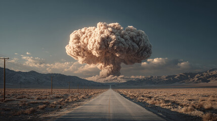 A dramatic scene shows a massive mushroom cloud rising over a barren landscape, casting shadows across an empty road against a backdrop of mountains.