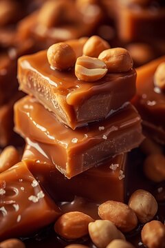 Caramel squares with nuts on a dark background in a kitchen setting