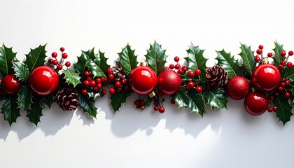 Festive garland of holly, red ornaments, and pinecones on a white background