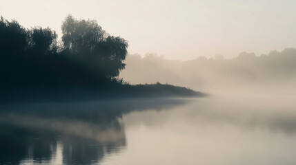 Misty lake landscape at dawn with calm water and foggy atmosphere