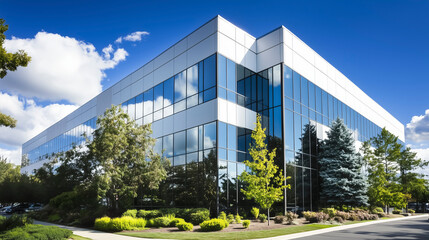 Modern corporate office building with glass facade surrounded by green trees