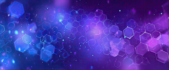 Abstract hexagons in purple and blue, with sparkling bokeh effects