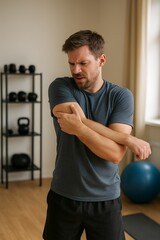 Distressed young man gripping his painful elbow after a home workout, illustrating a sports injury concept and physical discomfort