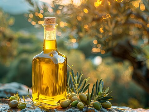 Sunset highlights olive oil bottle surrounded by olives in an orchard