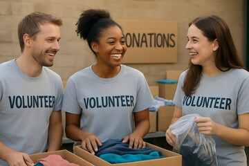 Diverse group of happy volunteers sorting donated clothes outdoors, smiling and collaborating for a community service concept and social impact