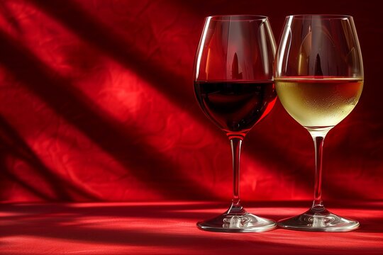 Red and white wine glasses placed on red fabric background with shadow effects in soft lighting