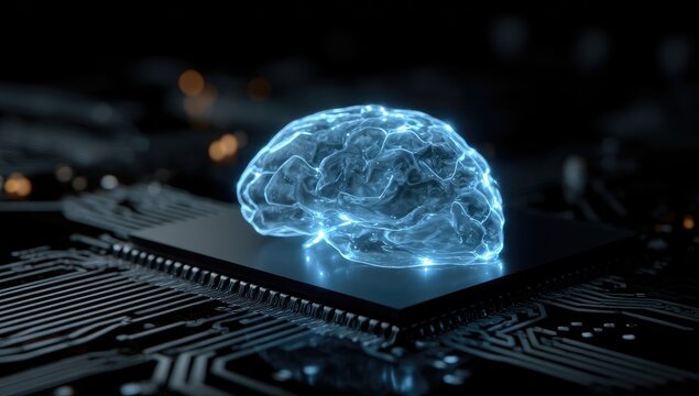 Glowing blue brain sitting on a computer chip with intricate circuit patterns - Powered by Adobe