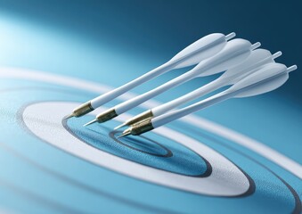 Three darts clustered perfectly, aiming for the center of a bullseye