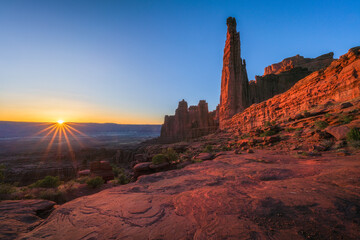 beautiful sunset at fisher towers in utah, usa
