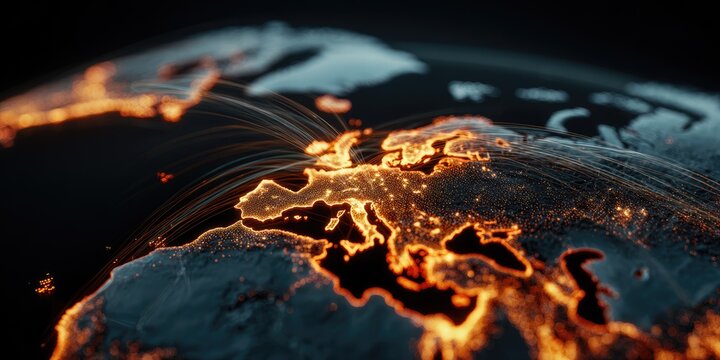 Europe map, glowing with network lines on a dark earth, angled view