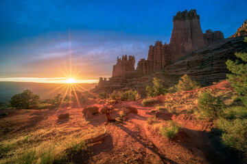 beautiful sunset at fisher towers in utah, usa