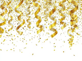 Golden ribbons and confetti falling against white background, festive celebration