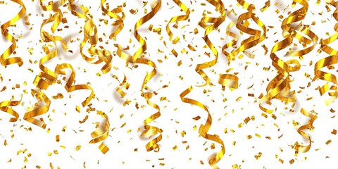 Falling gold ribbon streamers & confetti against a white backdrop