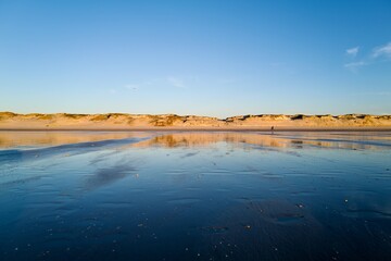 Wet sand beach with golden dunes and blue sky &mdash; low tide reflection and wide copy space