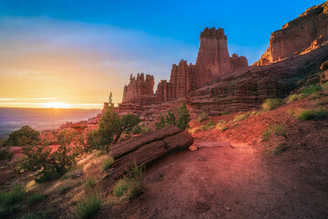 beautiful sunset at fisher towers in utah, usa