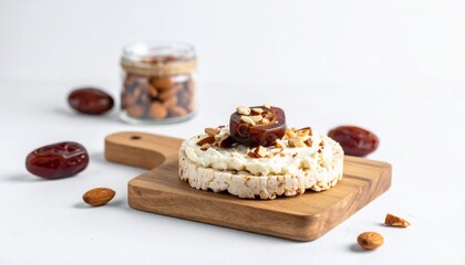 Rice cake topped with cream cheese, date, and nuts on a wooden board with almonds