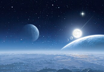 Surreal space landscape with multiple planets and a starry, blue-toned sky