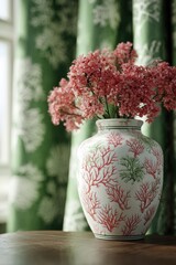 Pink floral bouquet in a decorative vase on a wooden table