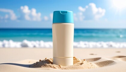 Sunscreen bottle on sandy beach with ocean backdrop, blue sky and sun