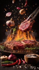 Steak sizzling on grill, ingredients flying