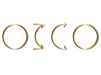 Golden circles and arrow curves arranged in a row on a white background