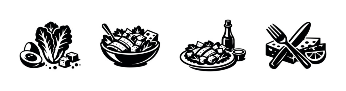 Healthy food vector icon set: salad symbols and nutrition graphics