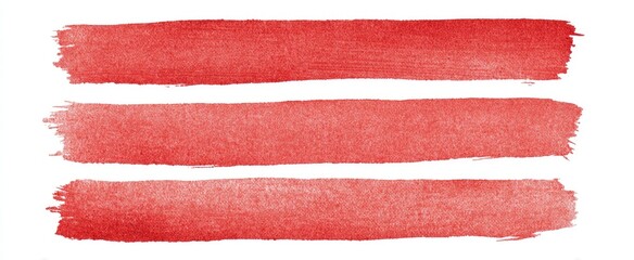 Three strokes of red watercolor paint on white backdrop, parallel lines