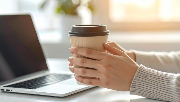 ノートパソコンとコーヒーで一息つく在宅ワーカーの手元