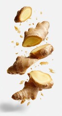 Fresh ginger root slices in mid-air