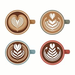 top view collection of coffee cups with diverse latte art