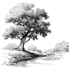 Grayscale landscape sketch of a large tree by a stream