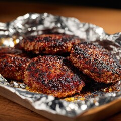 Several browned, seasoned meat patties rest atop a sheet of foil
