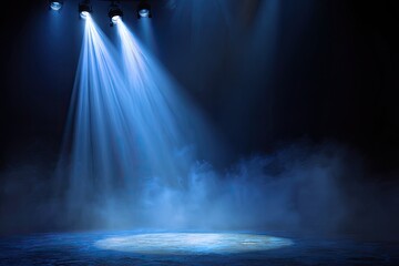 Blue spotlights shine on a hazy stage floor in a darkened theater scene