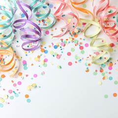 Colorful confetti and streamers in various pastel colors cascade over a white backdrop