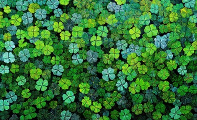 Lush field of vibrant four-leaf clovers, various shades of green, densely packed