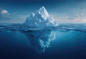 Massive iceberg, mostly submerged, reflects in calm ocean waters under blue sky