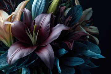 Close-up of a floral arrangement with lilies and leaves against a dark background